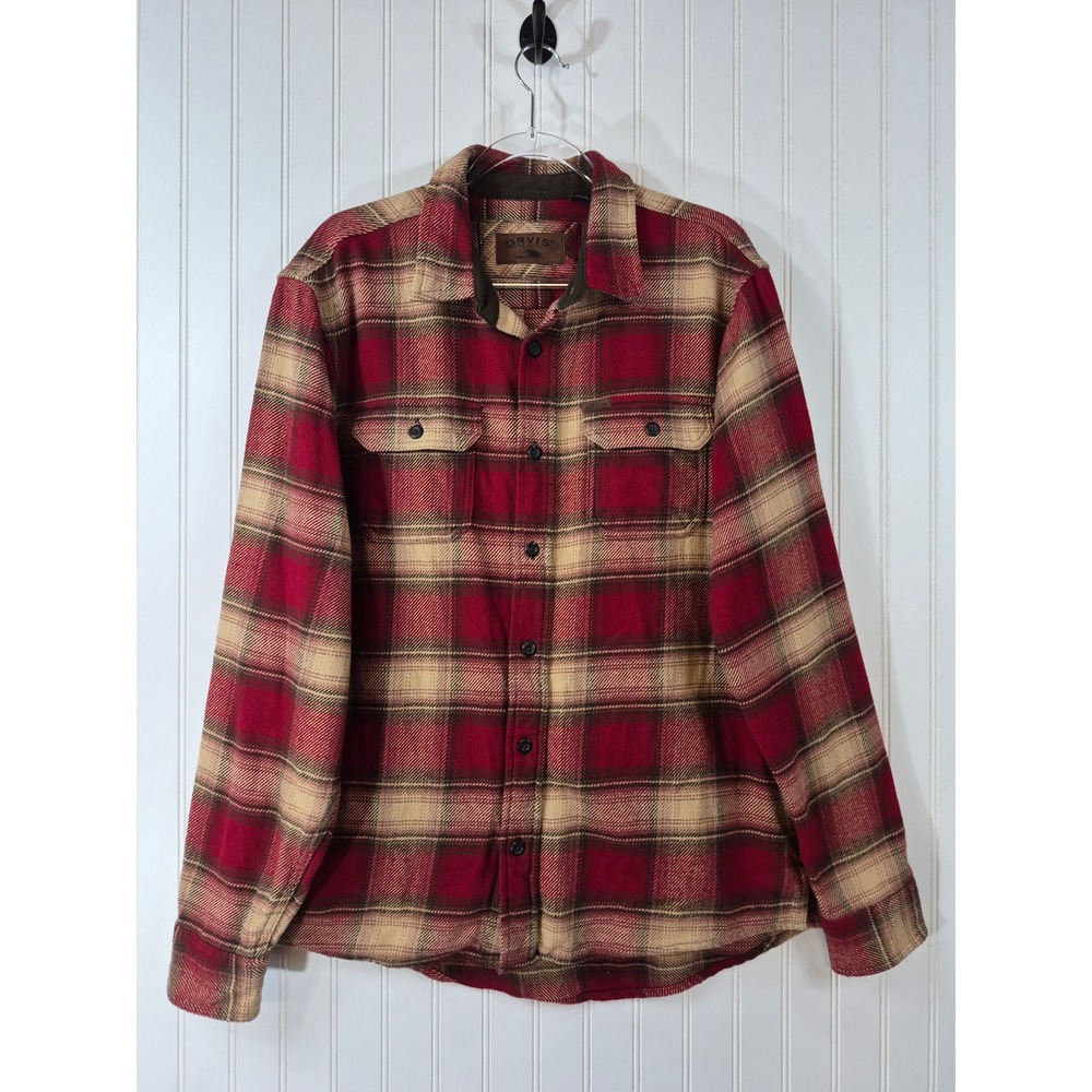 Orvis Mens Red Tan Plaid Thick Flannel Shirt Fleece Lined Collar Heavy Cotton L